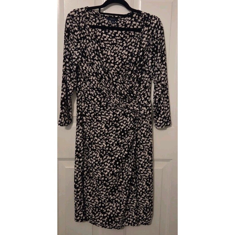 Chaps Womens Black White Abstract Geometric Faux Wrap Ruched Sheath Dress L